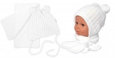Zimní čepice na zavazování s bambulky + šál, Baby Nellys - bílá, vel. 62/68; 62/68 (3-6m)