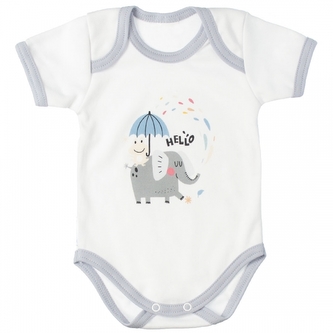 MBaby Bavlněné body s krátkým rukávem, Slůně Hello, bílo/šedé; 56 (1-2m)