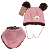 Pletená zimní čepice s kožíškem a šátkem Teddy Bear, Baby Nellys, růžová, vel. 80/86; 80/86 (12-18m)