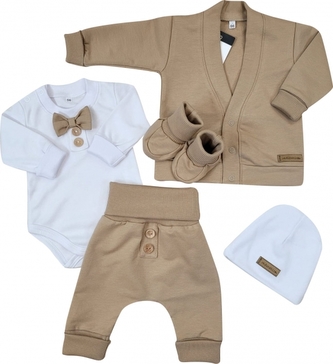 Bavlněná sada, body, kalhoty, motýlek a čepice Elegant Boy 5D, Kazum, mocca/bílá, vel. 80; 80 (9-12m)