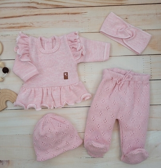 Pletená ažurková sada 4D, tunika, polodupačky, čepička + čelenka Kazum, růžová, vel. 62; 62 (2-3m)