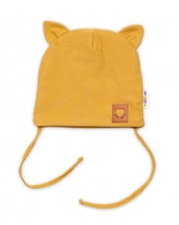 Baby Nellys Bavlněná dvouvrstvá čepice s oušky na zavazování FOX - hořčicová, vel. 68/74; 68/74 (6-9m)
