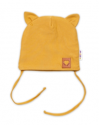 Baby Nellys Bavlněná dvouvrstvá čepice s oušky na zavazování FOX - hořčicová, vel. 68/74; 68/74 (6-9m)