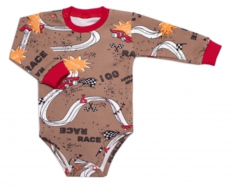 Body dl. rukáv, bavlna, zapínání u krku Mrofi, RACE - hnědé; 68 (3-6m)