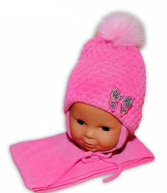 BABY NELLYS Zimní čepice/čepička Mašlička - pastelově růžová; 80-92 (12-24m)