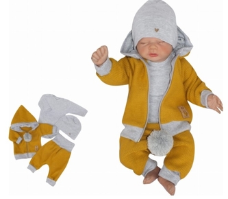 Z&Z 4-dílná pletená soupravička, kabátek, tepláčky, čepička a body, hořčicová-šedá, vel.86; 86 (12-18m)