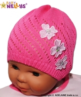 Háčkovaná čepička Kytičky Baby Nellys ® - tm. růžová; 56-68 (0-6 m)