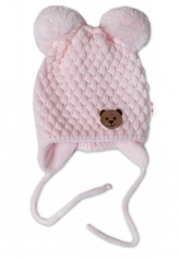 Zimní pletená čepice Teddy Bear na zavazování, růžová, Baby Nellys; 56-68 (0-6 m)