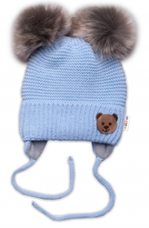 Dětská zimní čepice s fleecem Teddy Bear - chlupáčk. bambulky,sv. modrá, šedá; 56-68 (0-6 m)