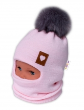 Zimní čepice/kukla s bambulí Love, sv. růžová, BABY NELLYS; 80-92 (12-24m)