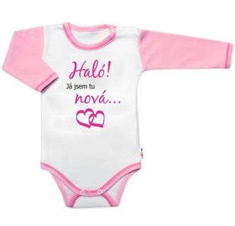 Body dlouhý rukáv s vtipným textem Baby Nellys, Haló! Já jsem tu nová, vel. 74, holka; 74 (6-9m)