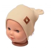 Baby Nellys Žebrovaná dvouvrstvá čepice s oušky TEDDY - béžová, vel. 68/74; 68/74 (6-9m)