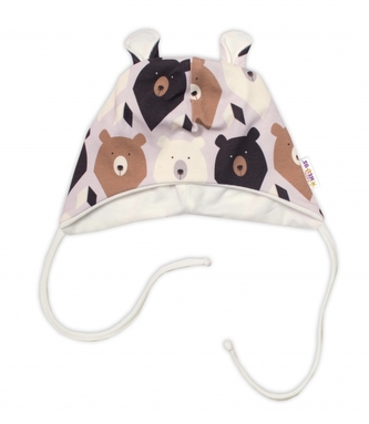 Baby Nellys Kojenecká čepička s oušky na zavazování - Medvědi, hnědá; 56/62 (0-3m)