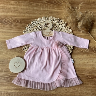 Šaty s tylovým lemem dl. rukáv, Srdce, Mamatti, růžové, vel. 86; 86 (12-18m)