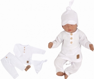 Mušelínové triko dl. rukáv, kalhoty + šátek uzlík, 3D sada, Z&Z, bílá; 56 (1-2m)