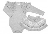 BABY NELLYS  2 dílná sada, body dl.rukáv + suknička s krajkou a volánky, vel. 92, šedá