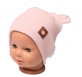 Baby Nellys Žebrovaná dvouvrstvá čepice s oušky TEDDY - pudrová, vel. 80/86; 80/86 (12-18m)