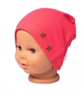 Baby Nellys Žebrovaná čepice Hvězdičky - korálová. vel. 80/86; 80/86 (12-18m)