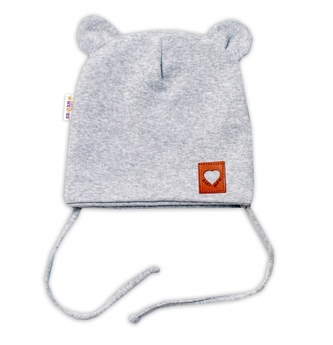 Bavlněná dvouvrstvá čepice s oušky na zavazování TEDDY - šedý melírek, Baby Nellys; 56/62 (0-3m)