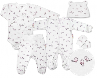 Baby Nellys 5-dílná soupravička do porodnice Ptáčci - ecru/růžová, vel. 68; 68 (3-6m)