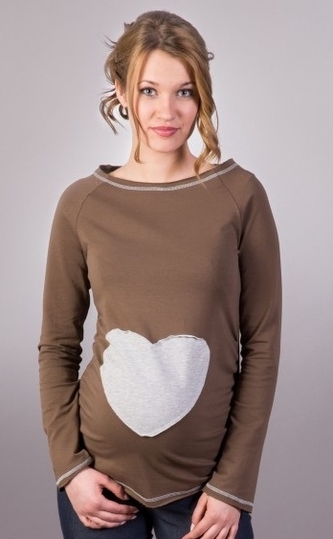 Be MaaMaa Těhotenské triko/halenka SRDCE dl. rukáv - capuccino, XL/XXXL; XL/XXXL