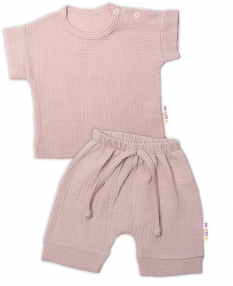 Baby Nellys 2-dílná mušelínová soupravička, tričko + kraťasky BOY, béžová; 56 (1-2m)