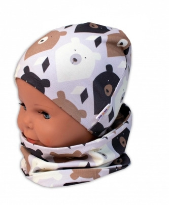 Baby Nellys Dvouvrstvá čepice + komínek Medvědi, hnědá/smetanová, vel. 92/98; 92/98 (18-36m)