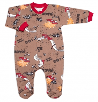 Kojenecký overal zapínání uprostřed, bavlna,  Mrofi, Race - hnědý, vel. 74; 74 (6-9m)