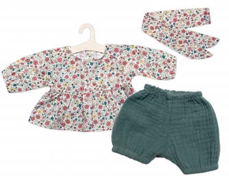 Oblečky pro panenky, tunika, kraťasky, šátek, Luční kvítky Alimi, zelená/smetanová Oblečky pro panenky, tunika, kraťasky, šátek, Luční kvítky Alimi, zelená/smetanová