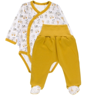Zavinovací kojenecké body+ polodupačky, bavlna, MBaby, Safari - hořčicovo/bílé, vel. 62; 62 (2-3m)
