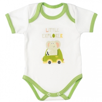 MBaby Bavlněné body s krátkým rukávem, Slůně Little Explorer, bílo/zelené, vel. 80; 80 (9-12m)