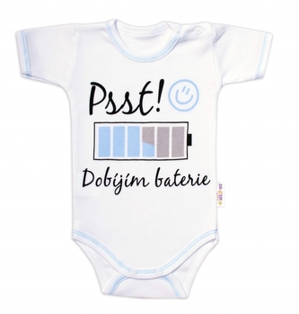 Body krátký rukáv s vtipným textem Baby Nellys, Psst! Dobíjím baterie, kluk, vel. 86; 86 (12-18m)