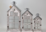 Dřevěná lucerna domek sada 3 ks, bílá s patinou