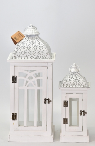 Dřevěná lucerna bílá s patinou, sada 2 ks
