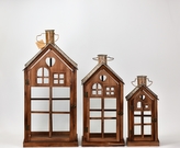Dřevěná lucerna domek sada 3 ks, hnědá s patinou