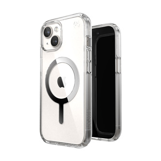 Speck Presidio Perfect-Clear MagSafe - pouzdro pro iPhone 15 / iPhone 14 / iPhone 13 (Clear / Chrome Finish / Serene Silver)