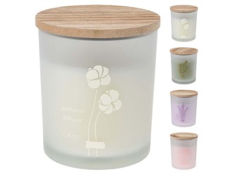 Svíčka sklo 88x100mm vonná s dřevěným víčkem  kytky, mix barev