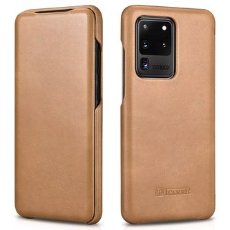 Originální kožený flipový obal na knihu iCarer Curved Edge Vintage Folio pro Samsung Galaxy S20 Ultra khaki (RS992008-GG)