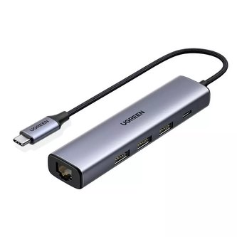 Ugreen multifunkční adaptér HUB USB Typ C - 3 x USB / Ethernet RJ-45 / USB Typ C PD šedý (CM475)