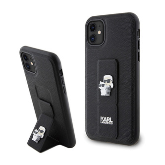 Karl Lagerfeld Gripstand Saffiano Karl & Choupette Pins - pouzdro pro iPhone 11 (černé)