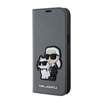 Karl Lagerfeld Booktype NFT Saffiano Karl & Choupette - pouzdro pro iPhone 14 (stříbrné)