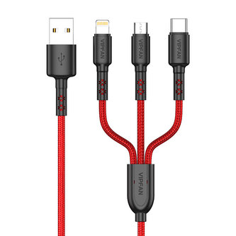 Kabel USB 3 v 1 USB-C / Lightning / Micro 3,5 A 1,5 m Vipfan X02 (červený)