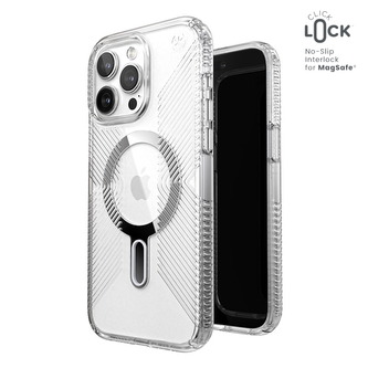Speck Presidio Perfect-Clear Grip ClickLock & Magsafe - pouzdro pro iPhone 15 Pro Max (Clear / Chrome Finish / Serene Silver)