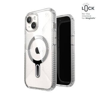 Speck Presidio Perfect-Clear Grip ClickLock & MagSafe - pouzdro pro iPhone 15 / iPhone 14 / iPhone 13 (Clear / Chrome Finish / Serene Silver)