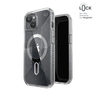Speck Presidio Lux Grip ClickLock & Magsafe - pouzdro pro iPhone 15 / iPhone 14 / iPhone 13 (Clear / Platinum Glitter / Chrome Finish / Serene Silver)