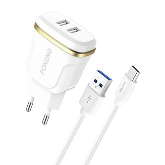 Foneng T240 2x USB síťová nabíječka, 2,4A + kabel USB na USB-C (bílá)