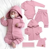 Žebrovaná rostoucí souprava 4D, zavin. body, kalhoty, kabátek a čepička, pudrová,vel.56/62; 56/62 (0-3m)