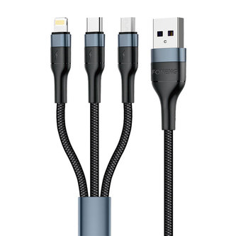 Foneng X51 3v1 USB na USB-C / Micro USB / Lightning kabel, 3A, 1 m (černý)