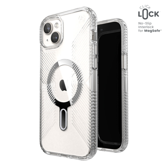 Speck Presidio Perfect-Clear Grip ClickLock & MagSafe - pouzdro pro iPhone 15 Plus / iPhone 14 Plus (Clear / Chrome Finish / Serene Silver)