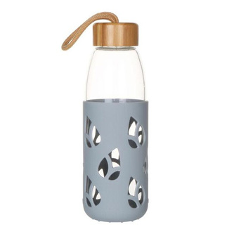 Láhev Pebbly, PKV-002, skleněná, 550 ml, šedý silikonový obal, bambusový uzávěr, 7 x 7 x 21 cm